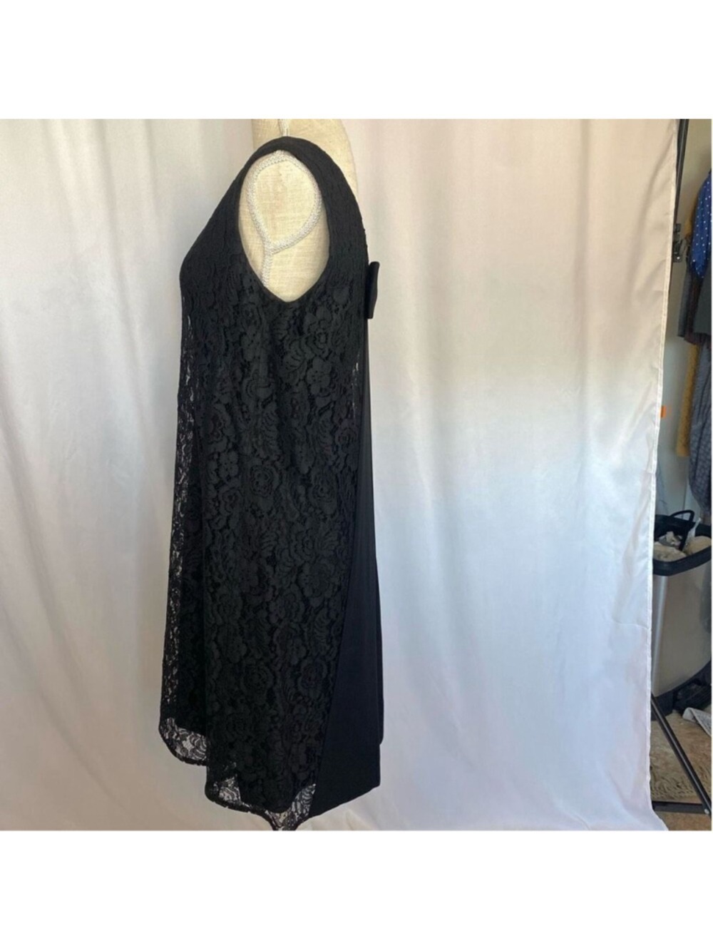 Vintage 60s 50s Black Dress Lace Overlay Sleeveless Bow Union Made Cocktail SZ S - Picture 5 of 13